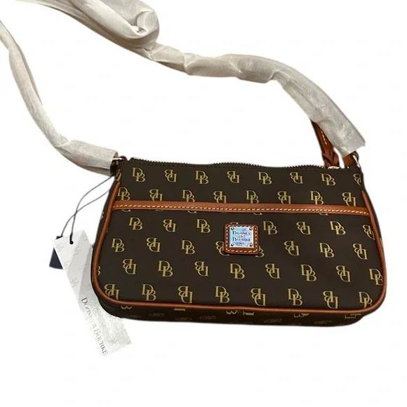 Dooney & Bourke Black and Tan Monogram Crossbody Bag 9x6 - Picture 2 of 8